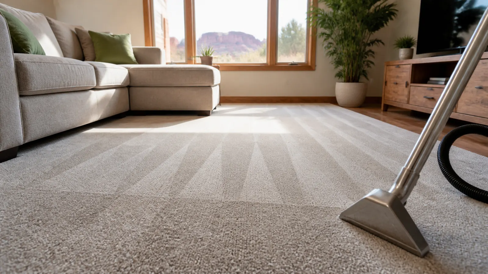 Affordable carpet cleaning in a Grand Junction living room with fresh vacuum lines