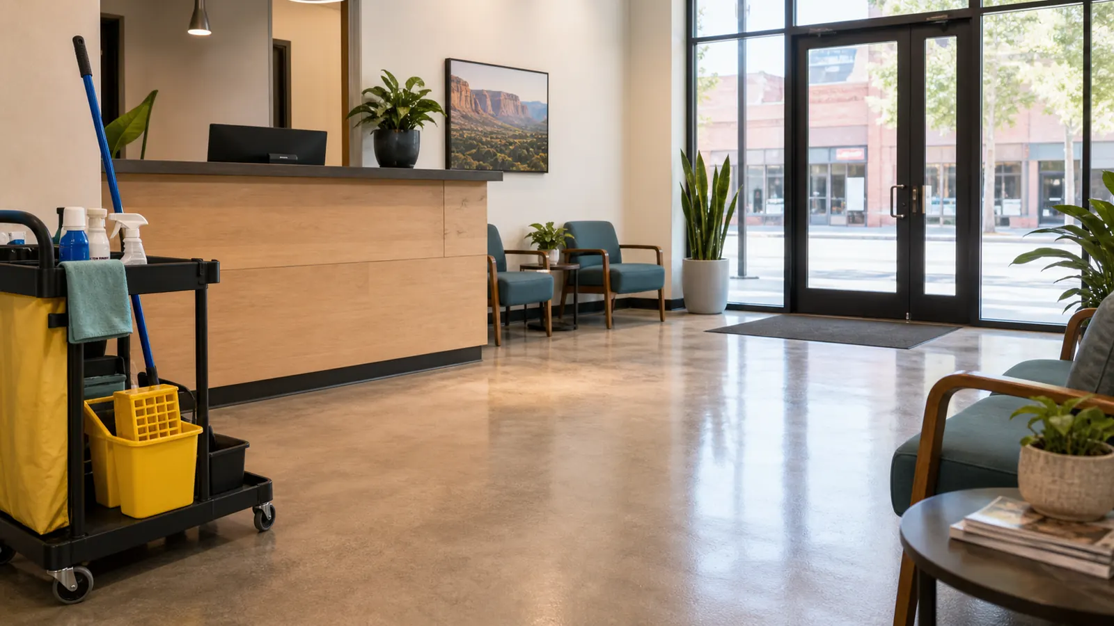 Affordable commercial cleaning crew finishing a small Grand Junction office lobby