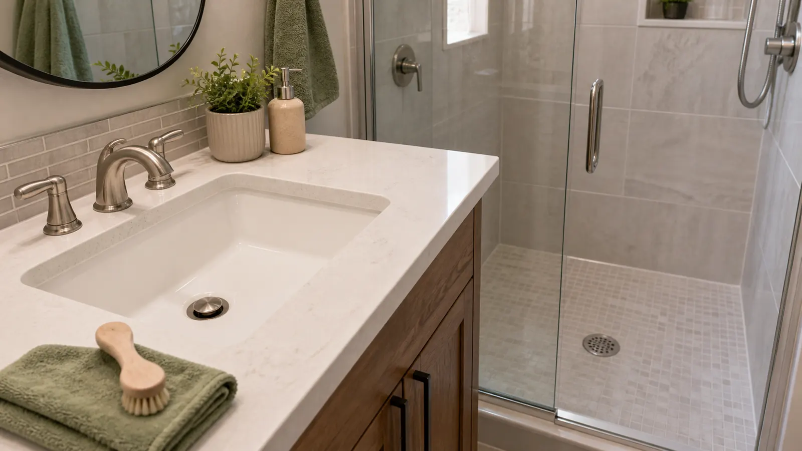 Clean bathroom sink and shower drain area in a Grand Junction home