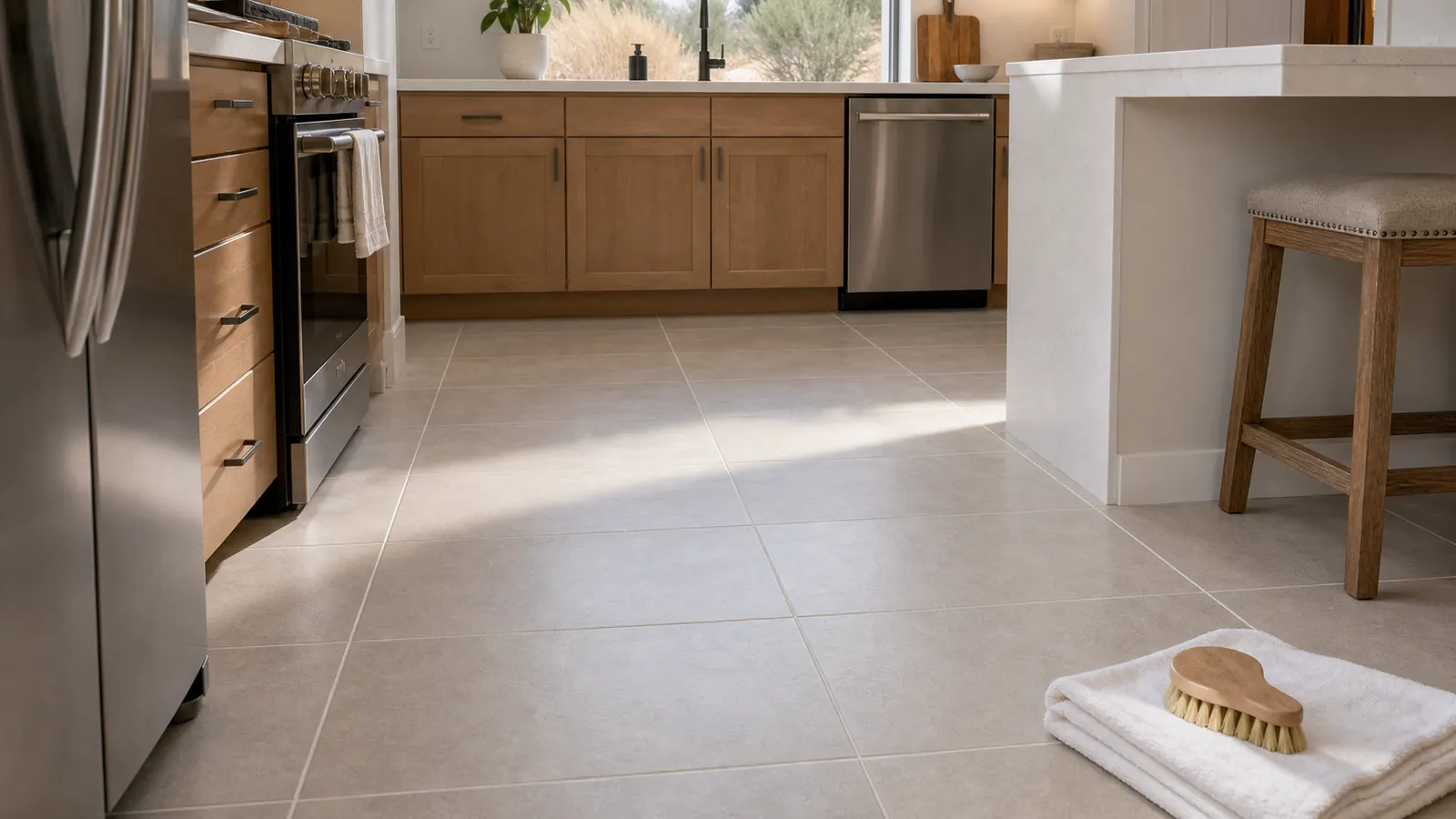 Affordable tile and grout cleaning result in a Grand Junction kitchen with brightened grout lines