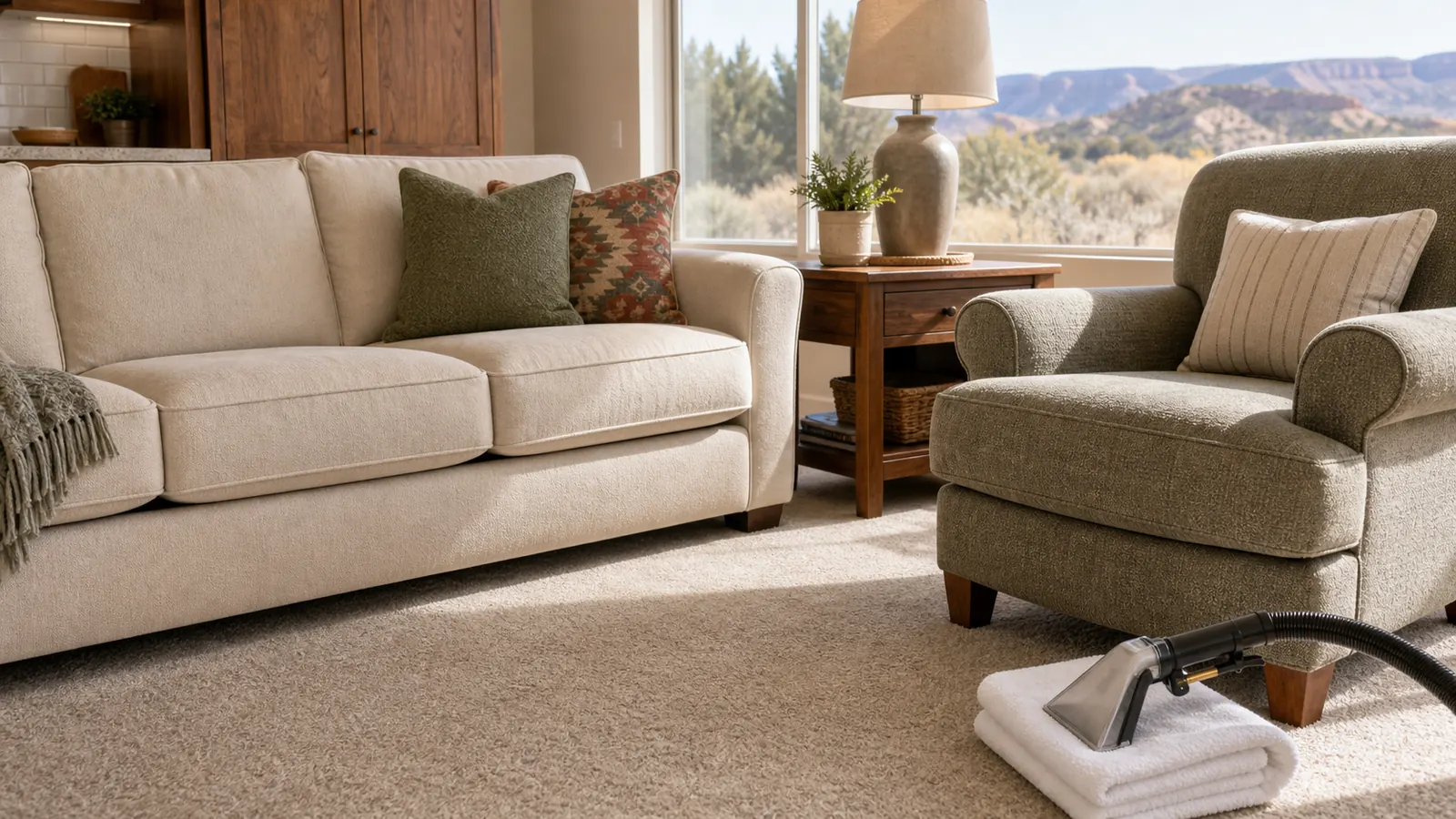 Affordable upholstery cleaning result on a freshly cleaned sofa in a Grand Junction living room
